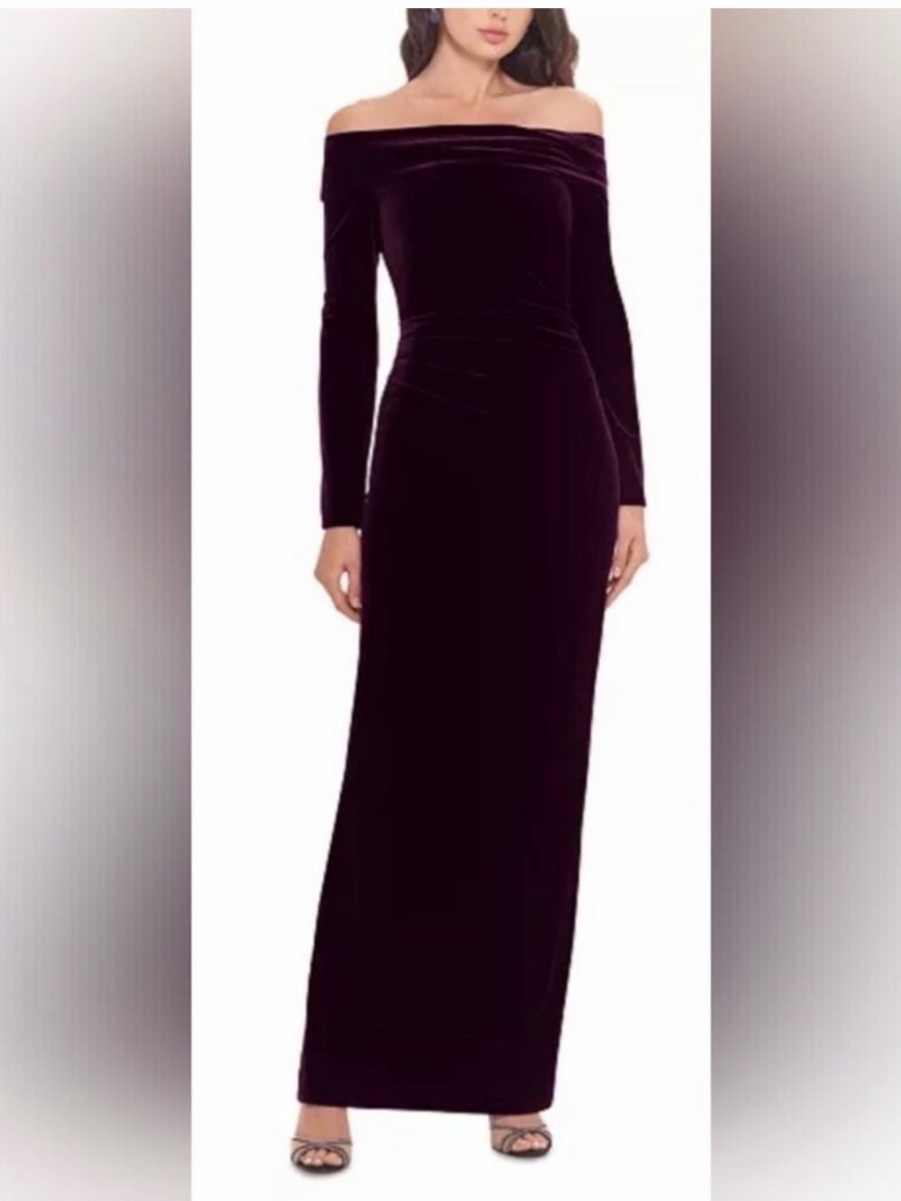 Xscape Off-Shoulder Long Sleeve Velvet Evening Gown in Deep Purple